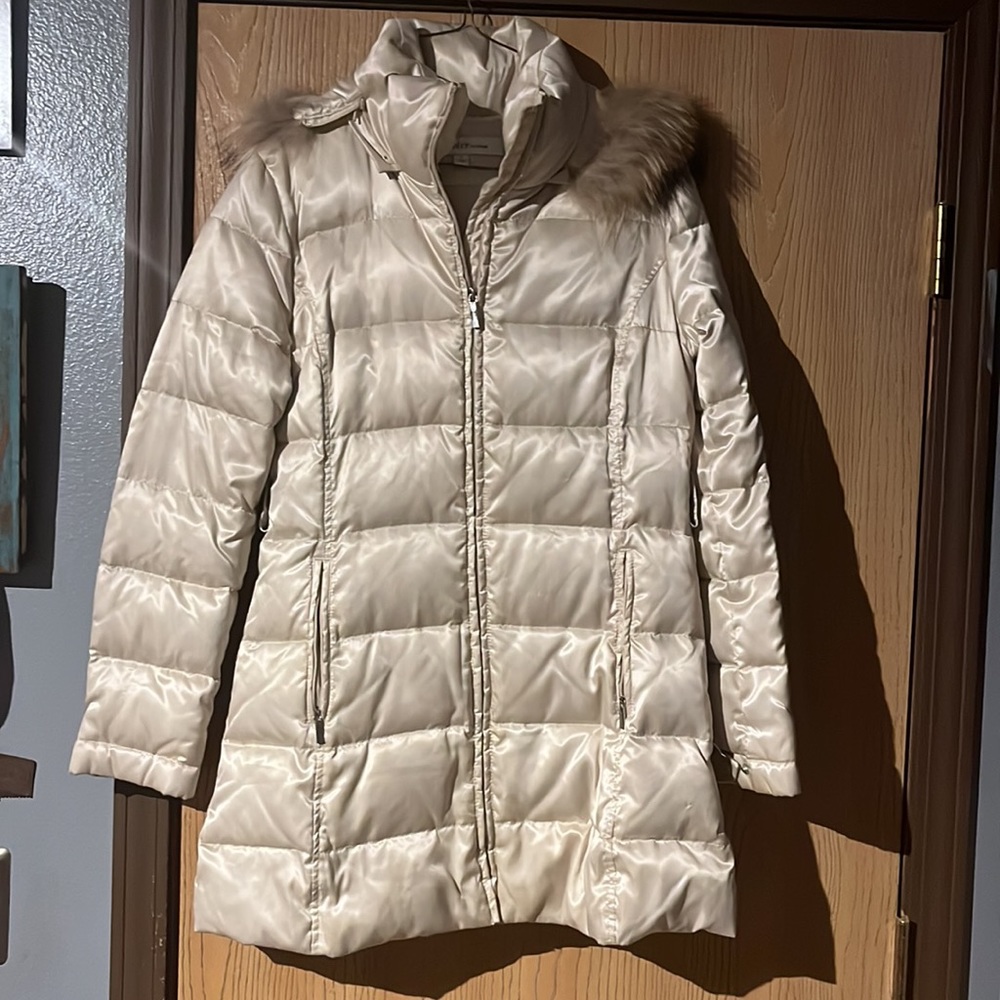 Gold fur hooded puffer coat